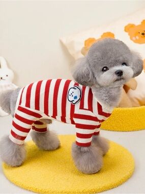 Red & White Striped Dog Waffle Jumpsuit with Bear Patch